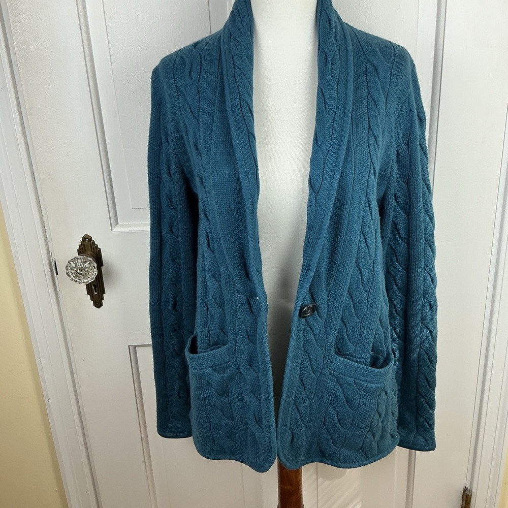 Talbots Cable Knit Cardigan Sweater Grandpa Chunky Teal Boho - Picture 3 of 7
